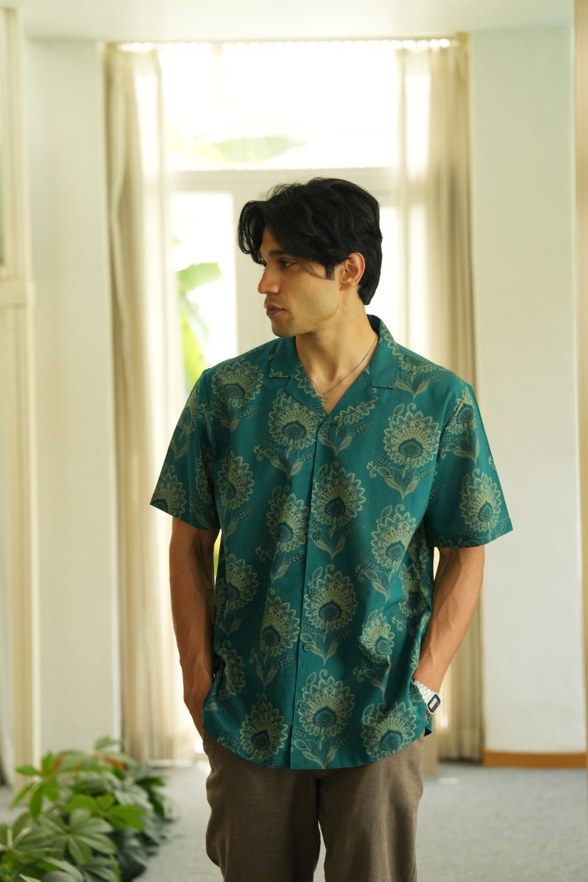 Verdant Bloom Oversize Hawaiian Collar Shirt