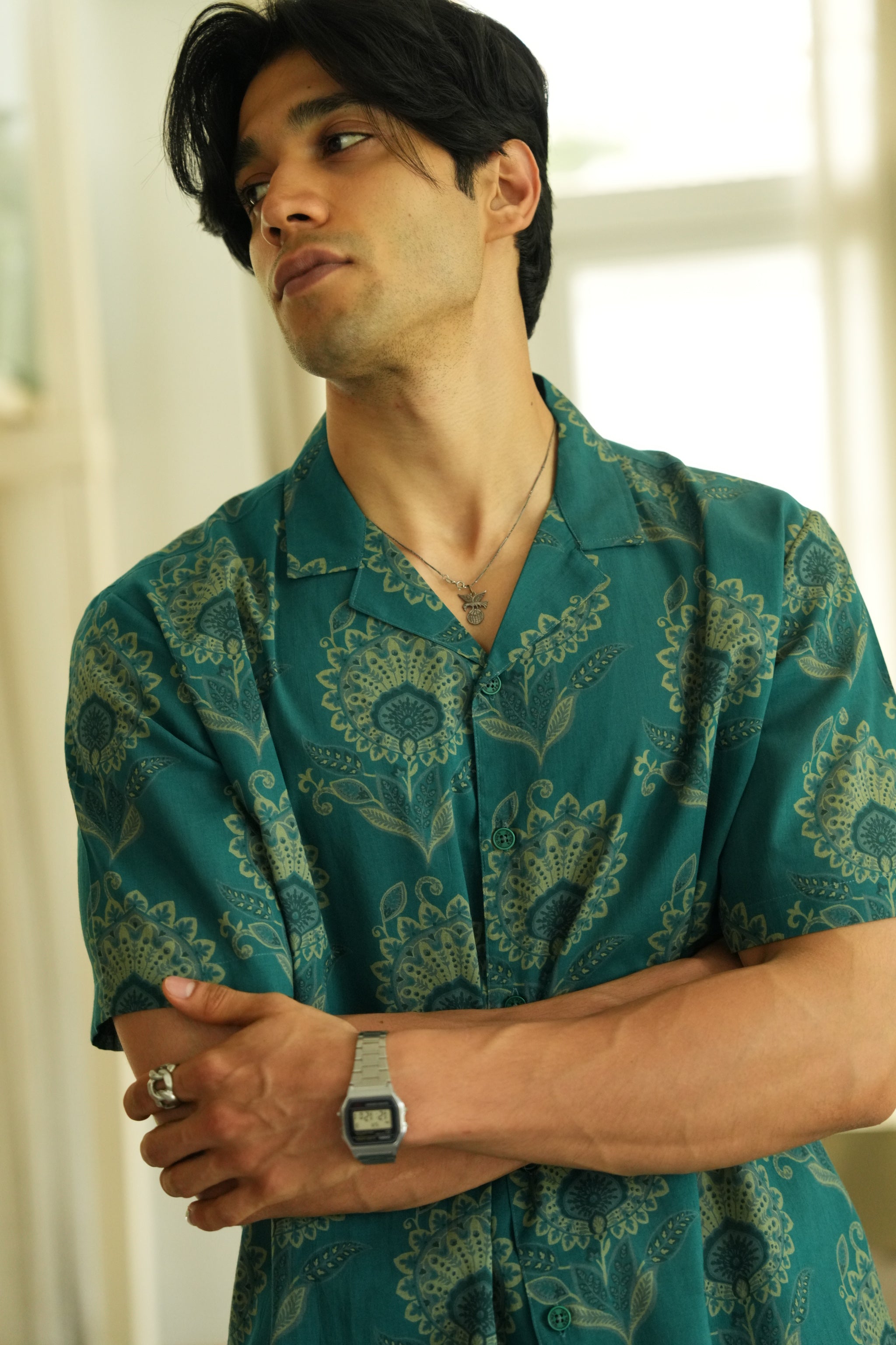 Verdant Bloom Oversize Hawaiian Collar Shirt