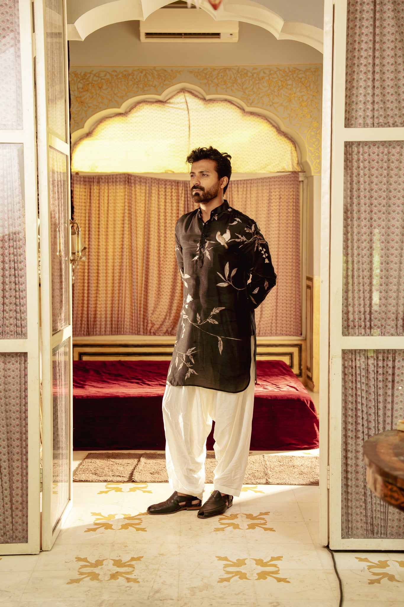 Bird Branch Black Ganganery Kurta