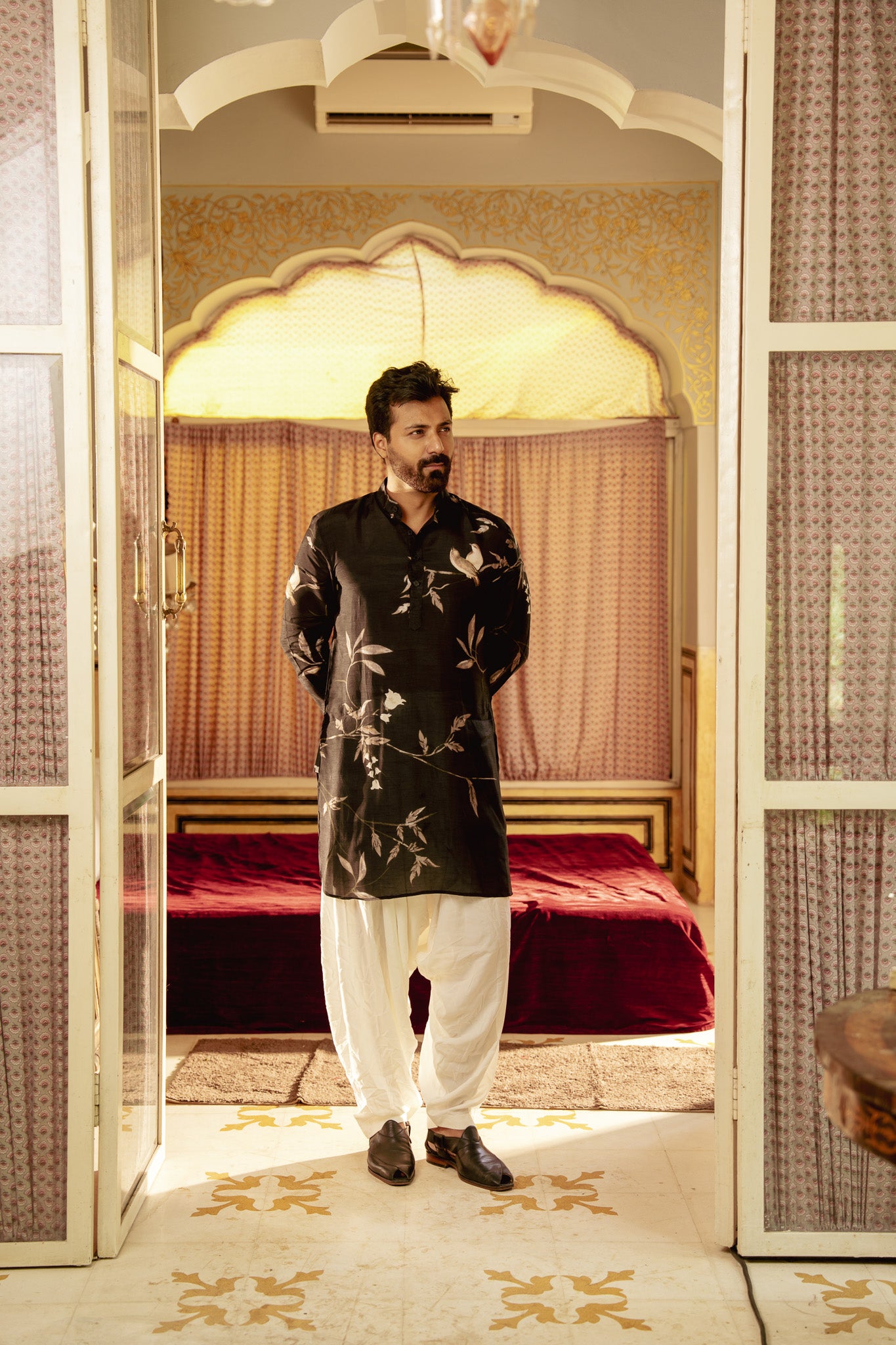 Bird Branch Black Ganganery Kurta