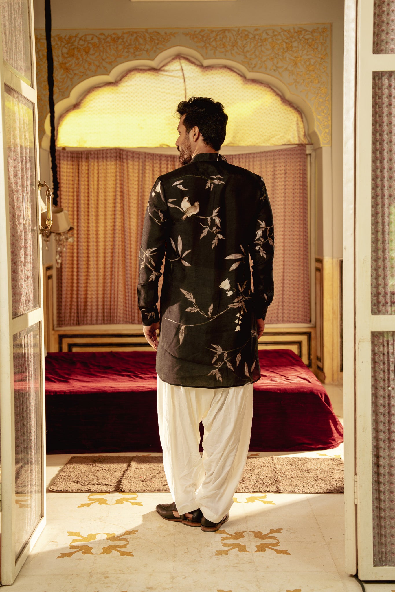 Bird Branch Black Ganganery Kurta