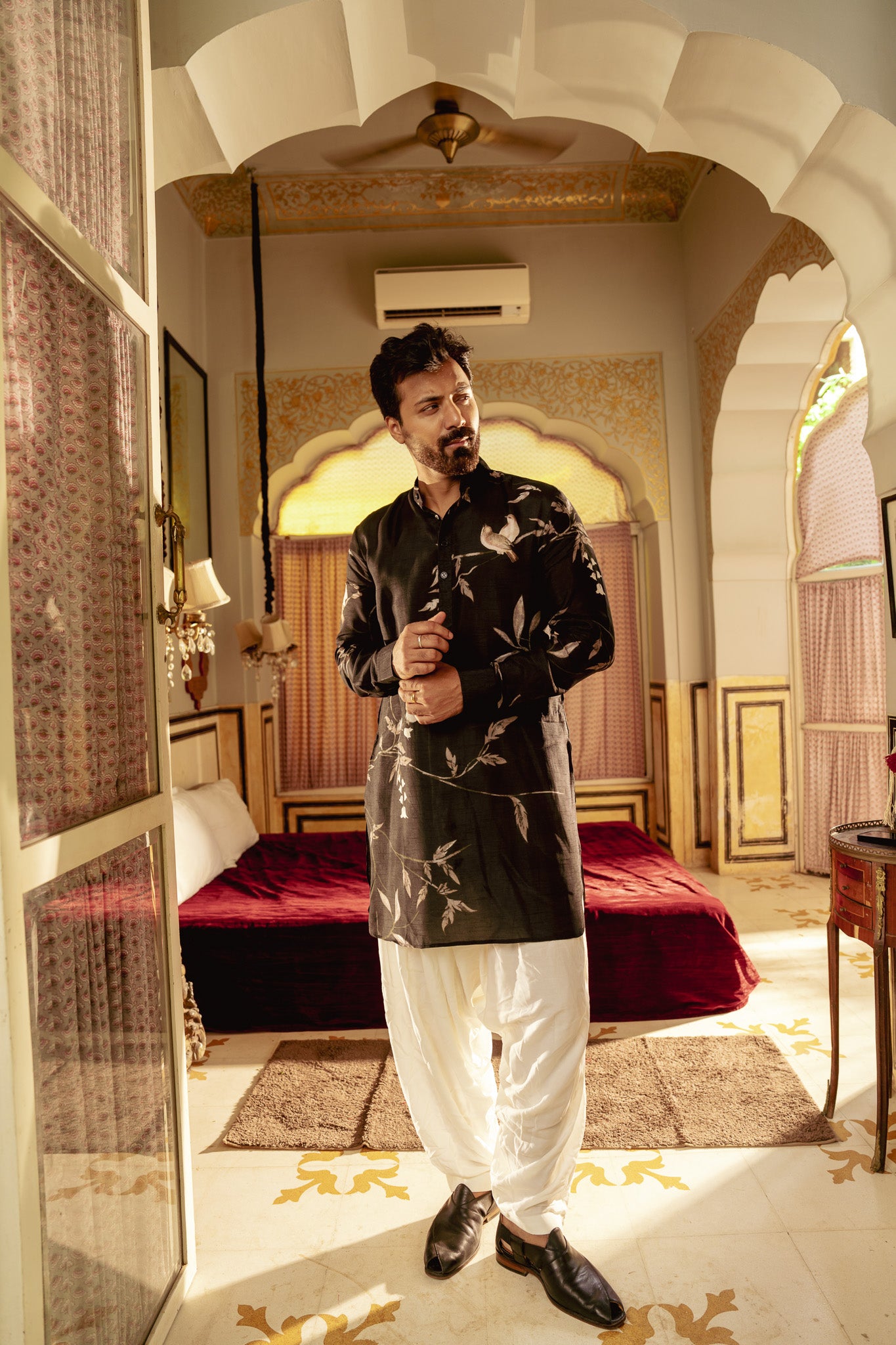 Bird Branch Black Ganganery Kurta