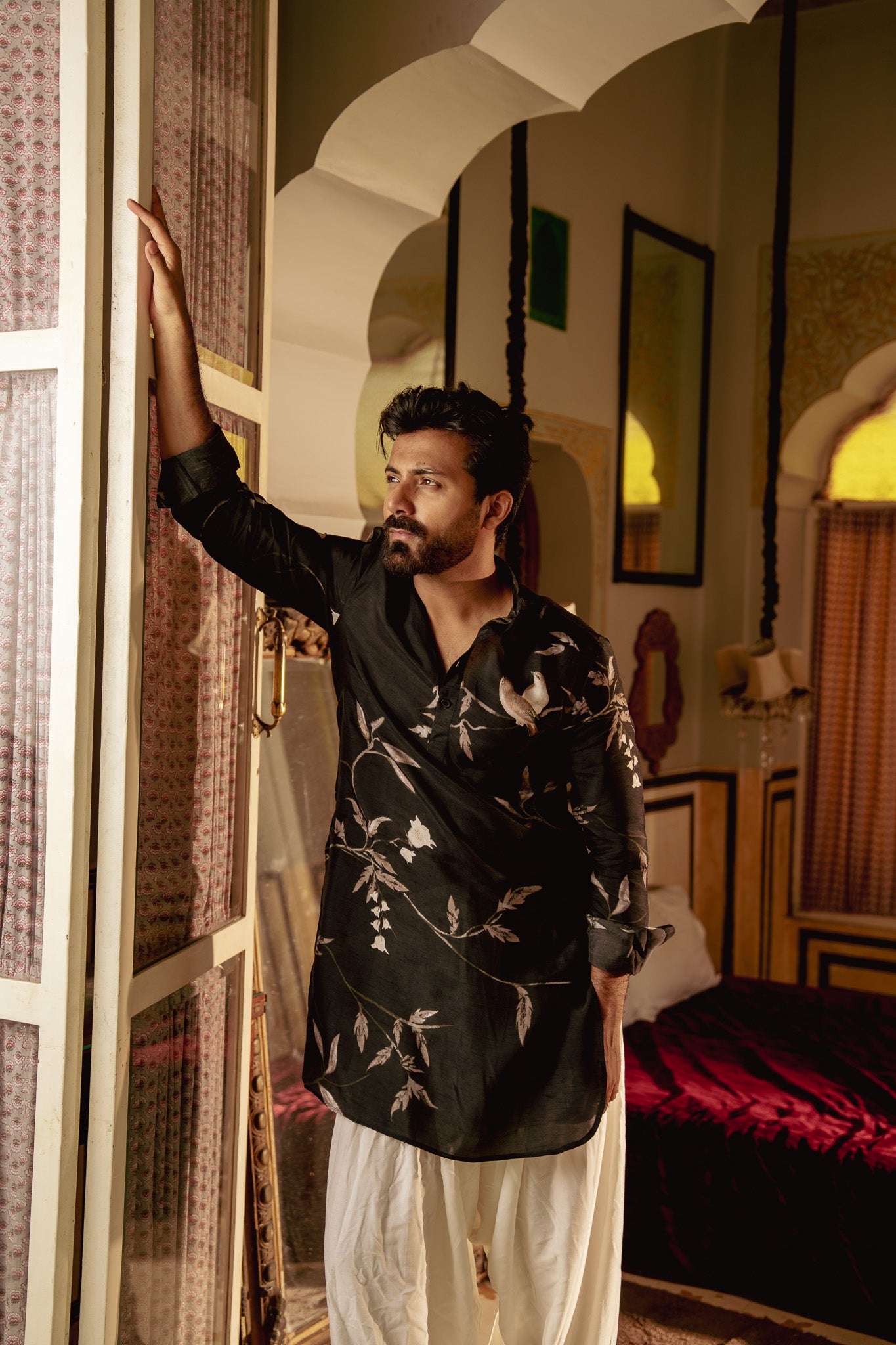 Bird Branch Black Ganganery Kurta