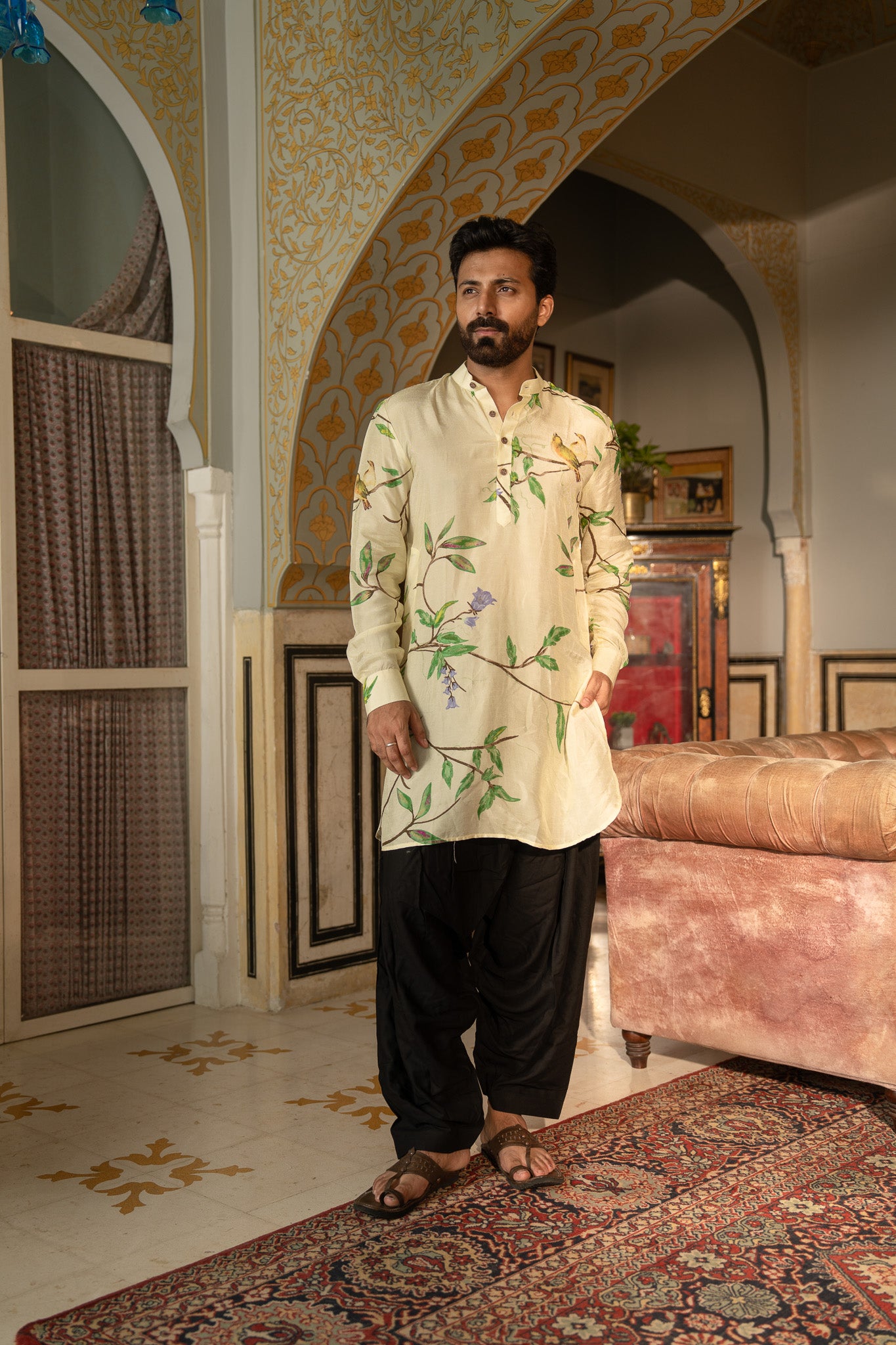 Bird Branch Cream Ganganery Kurta