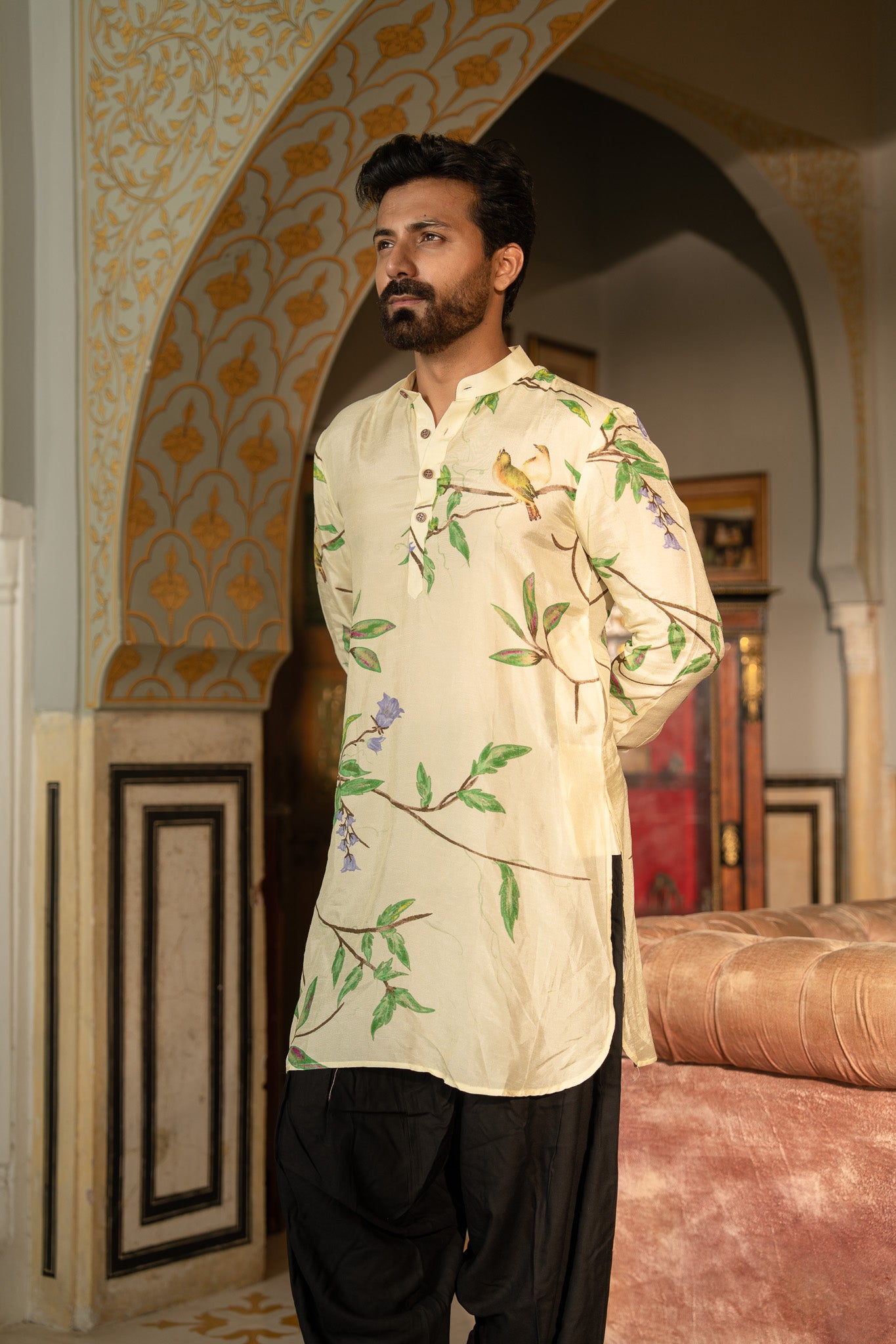 Bird Branch Cream Ganganery Kurta