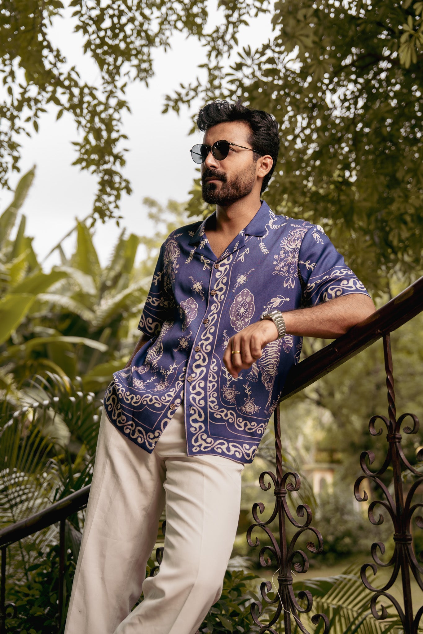 Royal Tigris Blue Relaxed Fit Cuban Collar Shirt