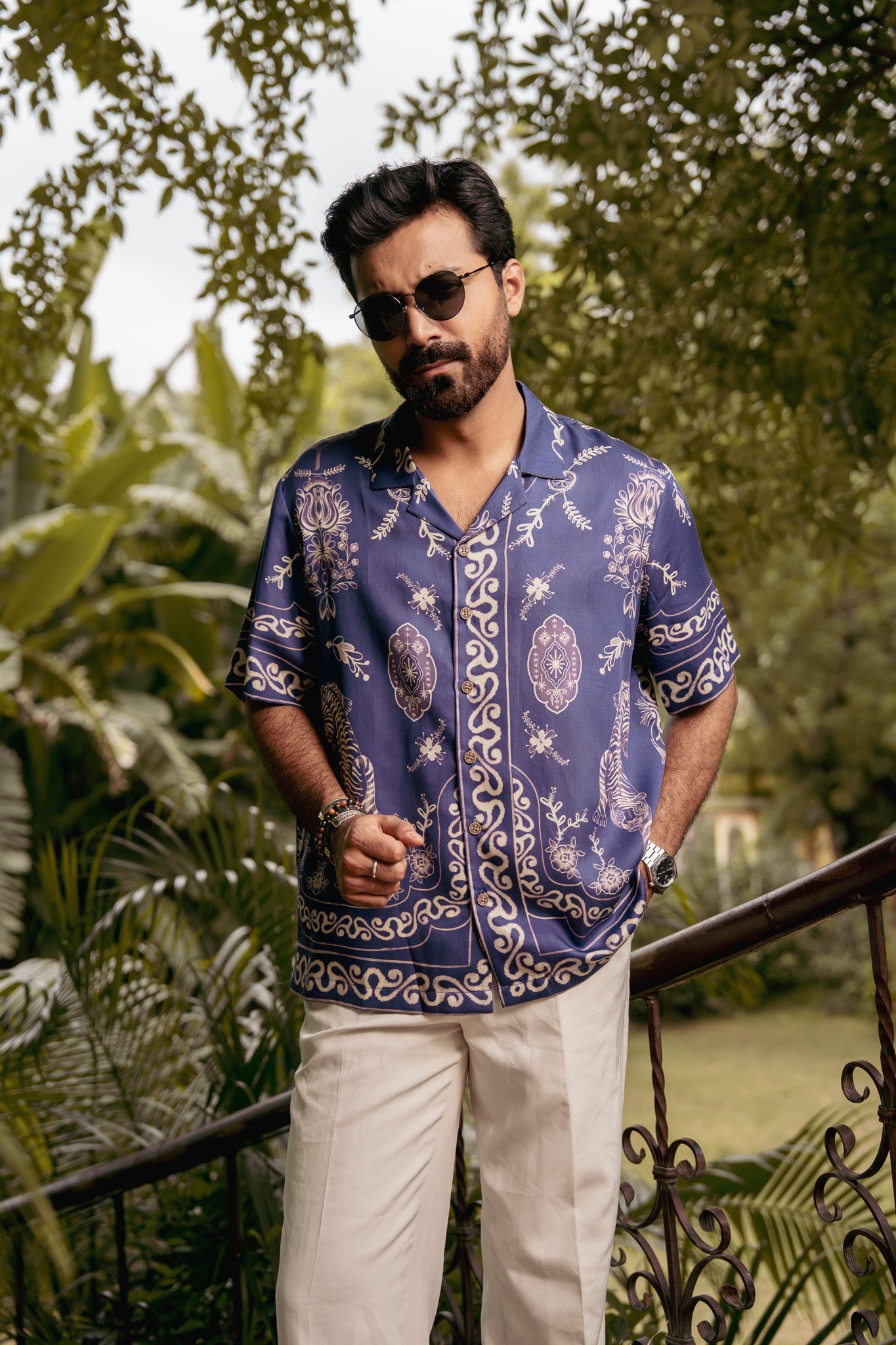 Royal Tigris Blue Relaxed Fit Cuban Collar Shirt