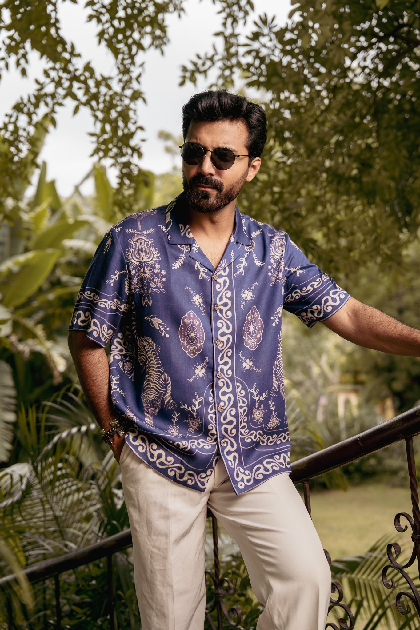 Royal Tigris Blue Relaxed Fit Cuban Collar Shirt