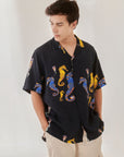Sea horse Black Oversize Hawaiian Collar Shirt