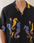 Sea horse Black Oversize Hawaiian Collar Shirt