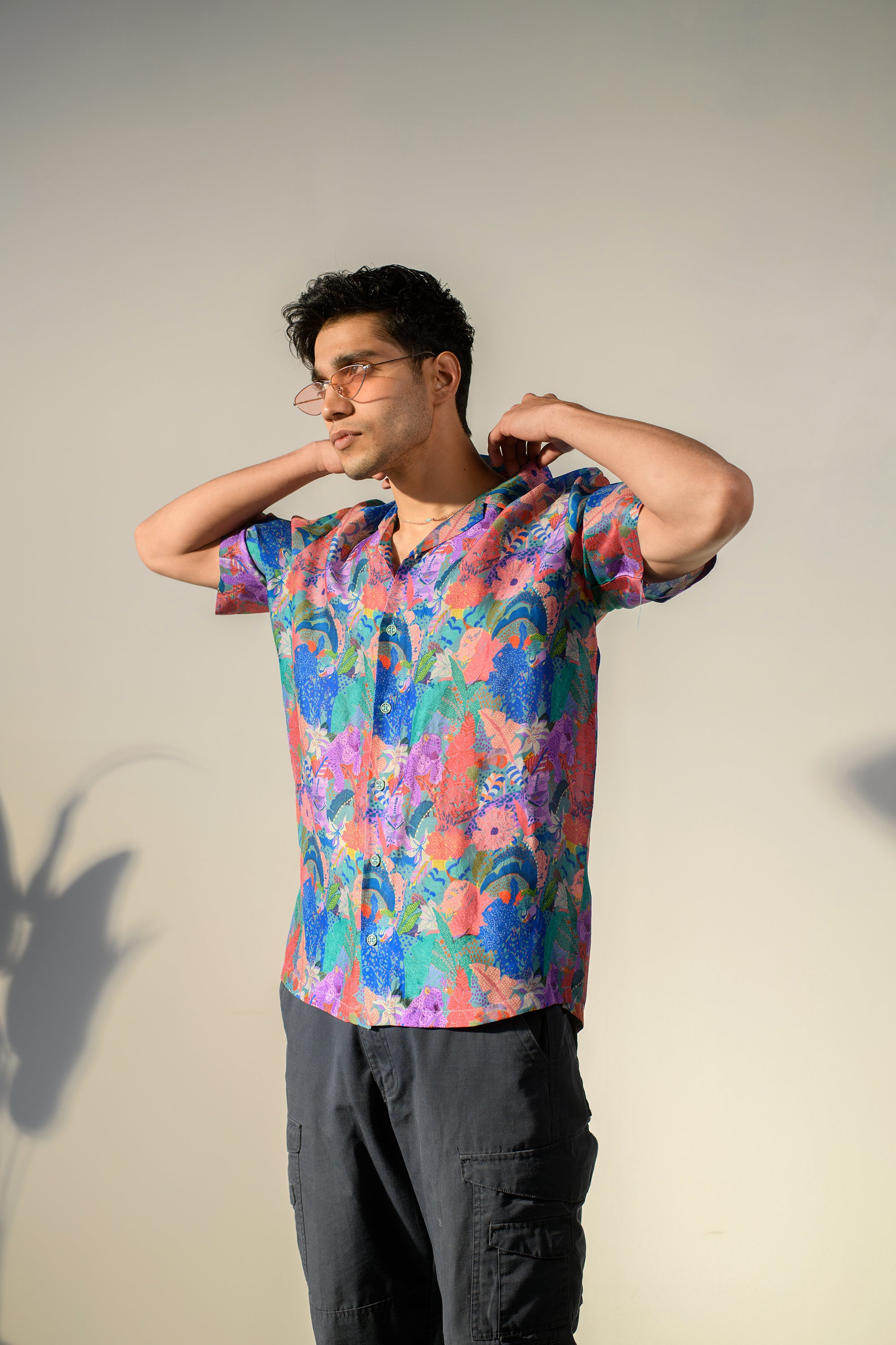 Leopard Multicolor Floral Blue Russian Silk Oversize Hawaiian Collar Shirt