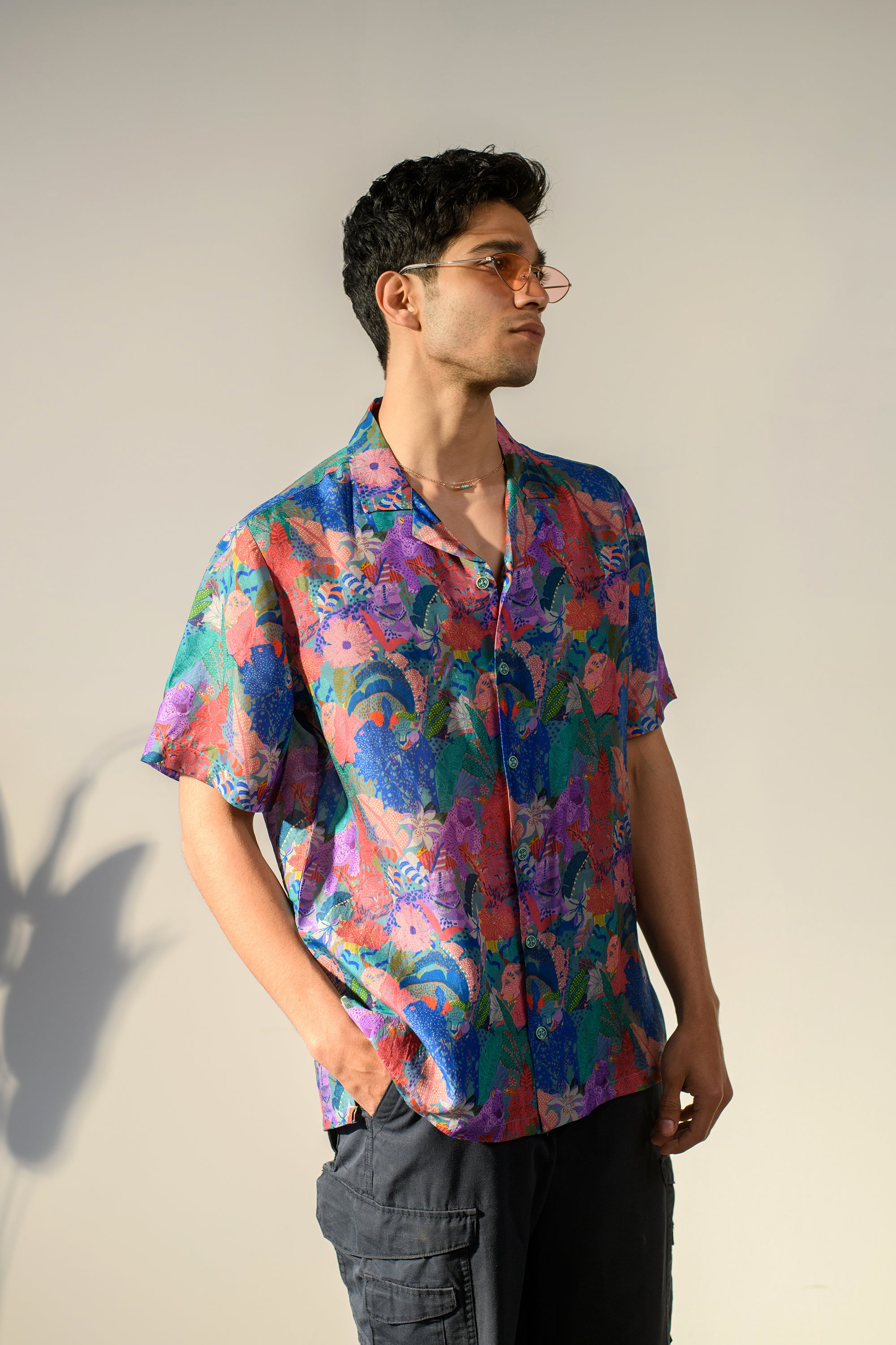 Leopard Multicolor Floral Blue Russian Silk Oversize Hawaiian Collar Shirt