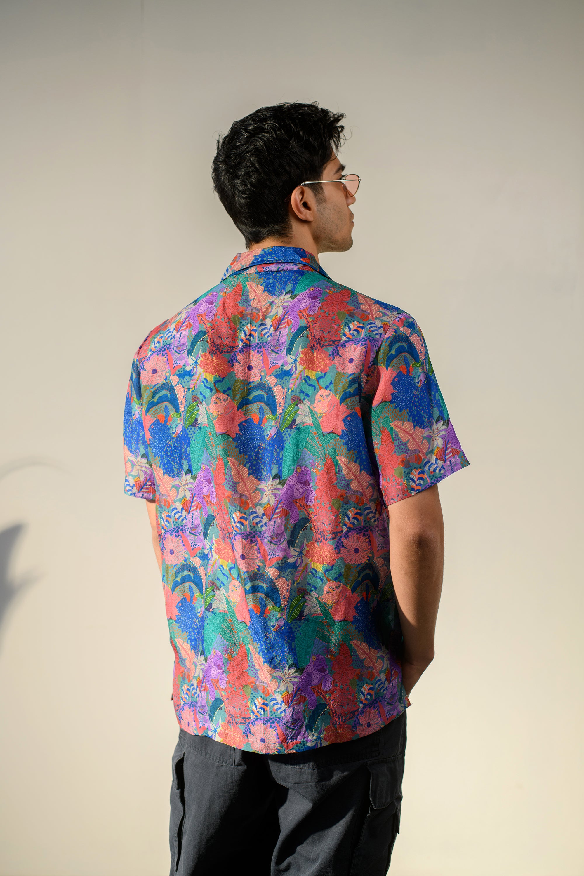 Leopard Multicolor Floral Blue Russian Silk Oversize Hawaiian Collar Shirt