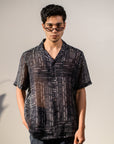 Rustic Boho Black Geometric Silk OverSize Hawaiin Collar Shirt For Men