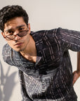Rustic Boho Black Geometric Silk OverSize Hawaiin Collar Shirt For Men