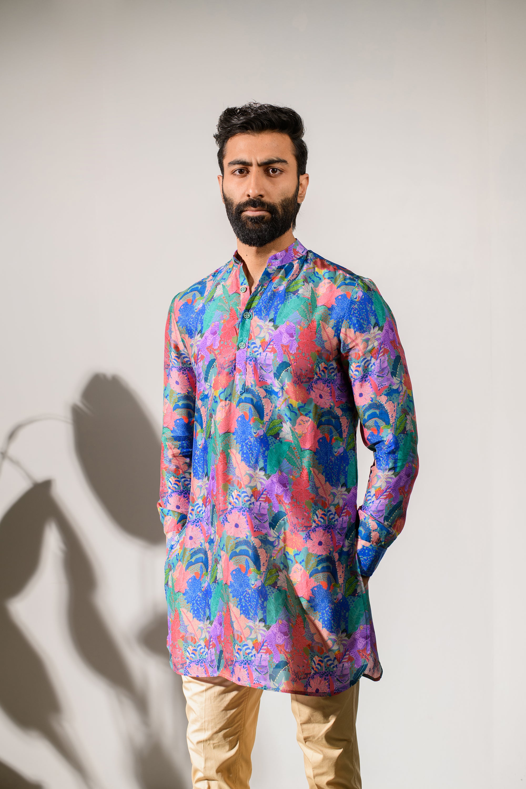 Leopard Multicolor Floral Blue Russian Silk - Ganganagry Kurta For Men