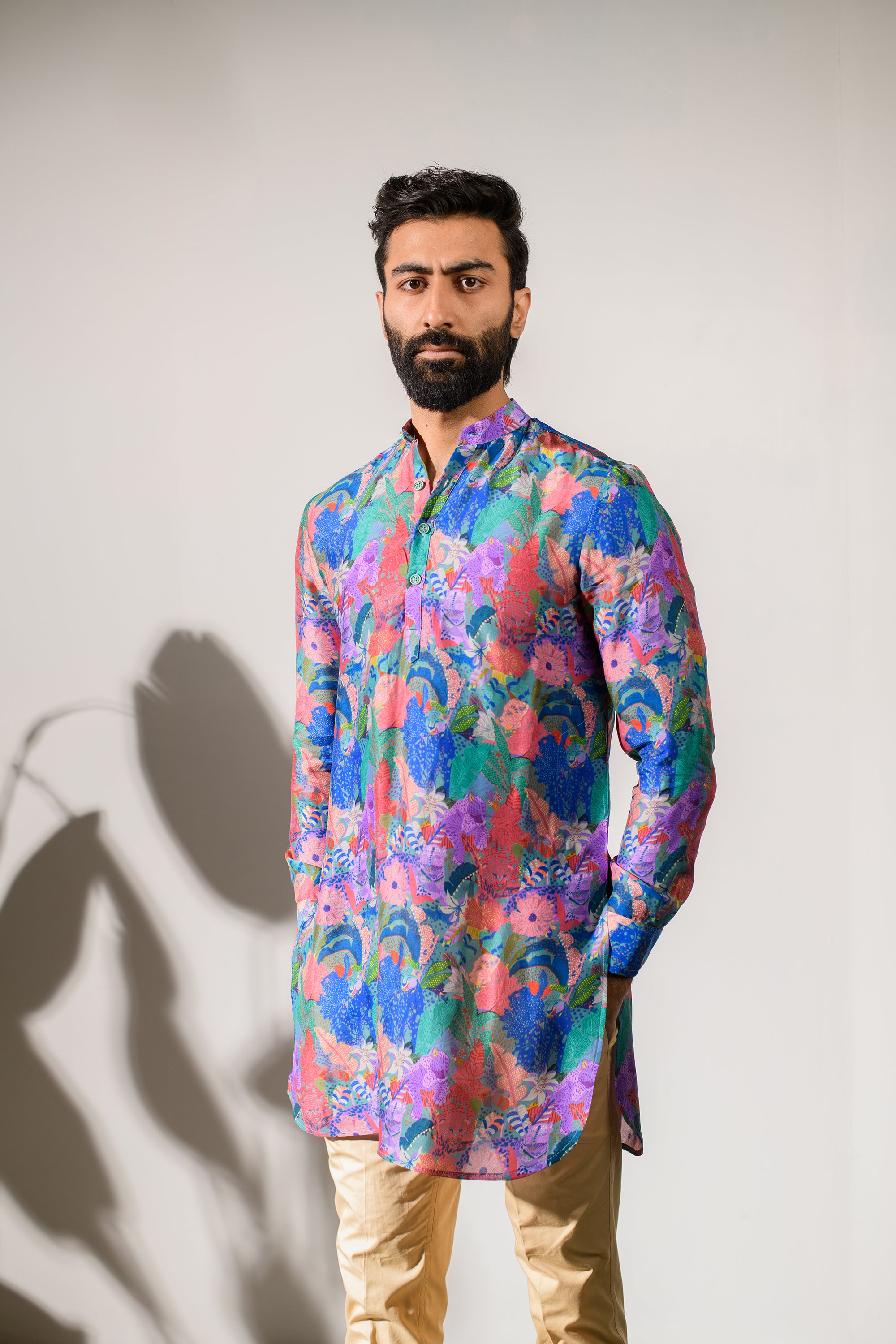 Leopard Multicolor Floral Blue Russian Silk - Ganganagry Kurta For Men