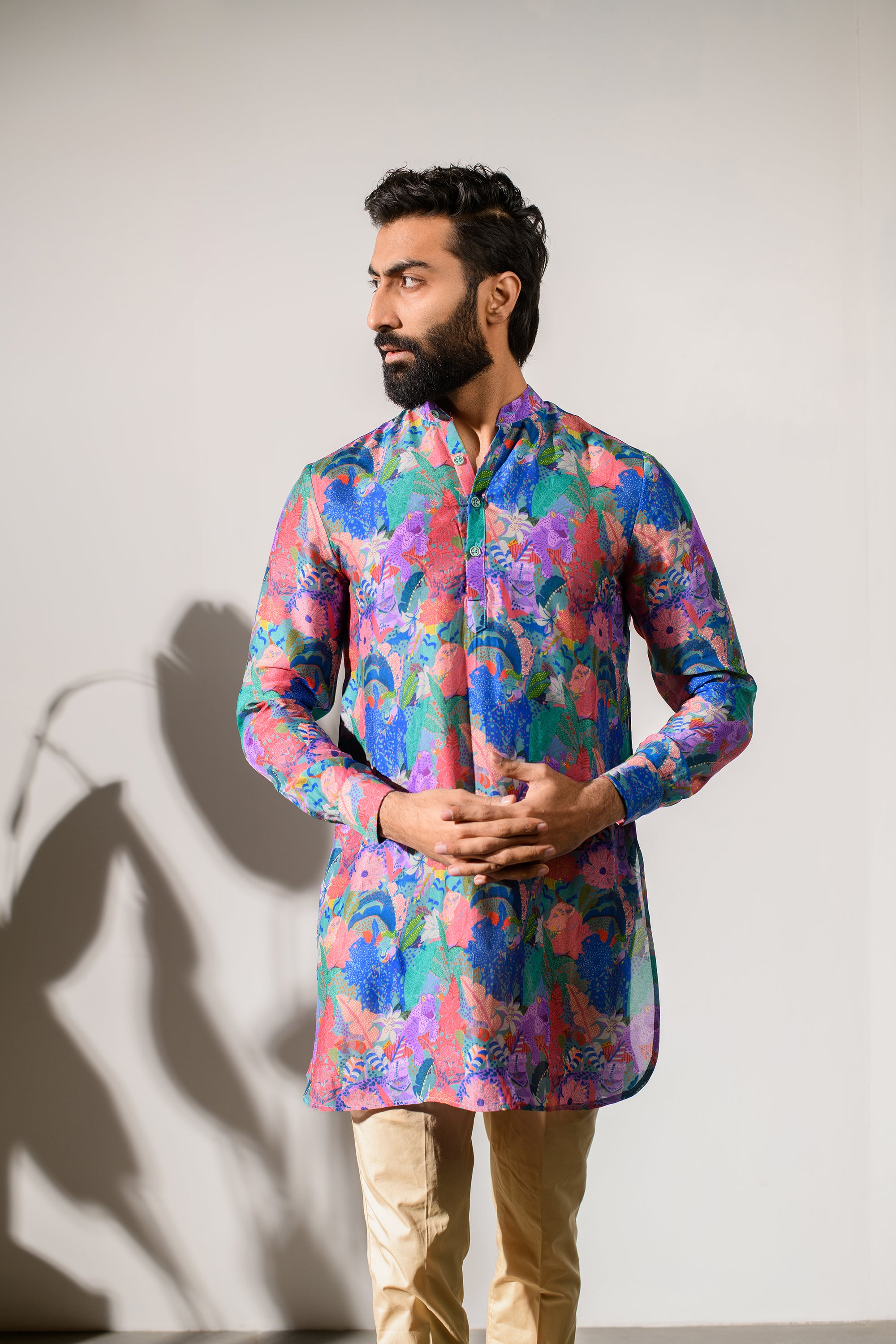 Leopard Multicolor Floral Blue Russian Silk - Ganganagry Kurta For Men