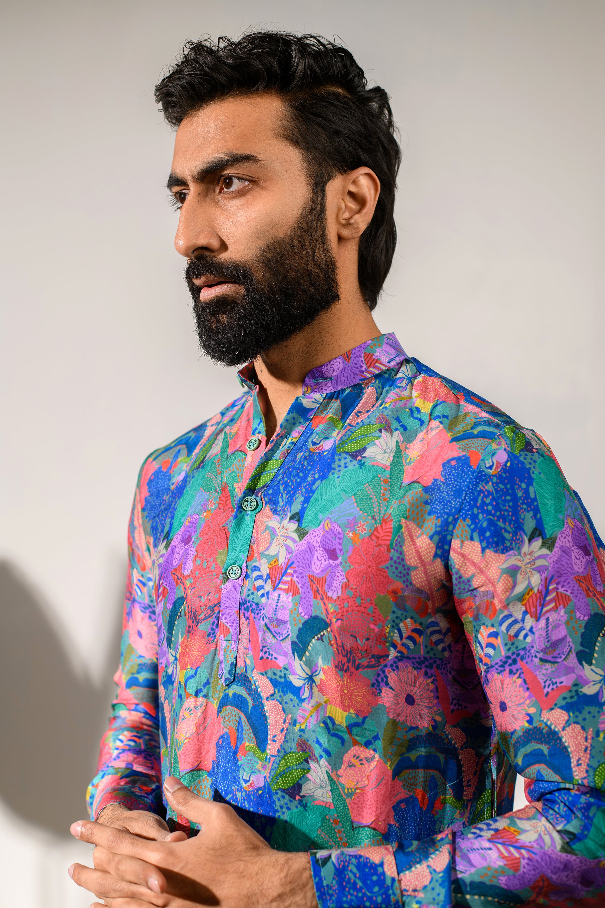 Leopard Multicolor Floral Blue Russian Silk - Ganganagry Kurta For Men
