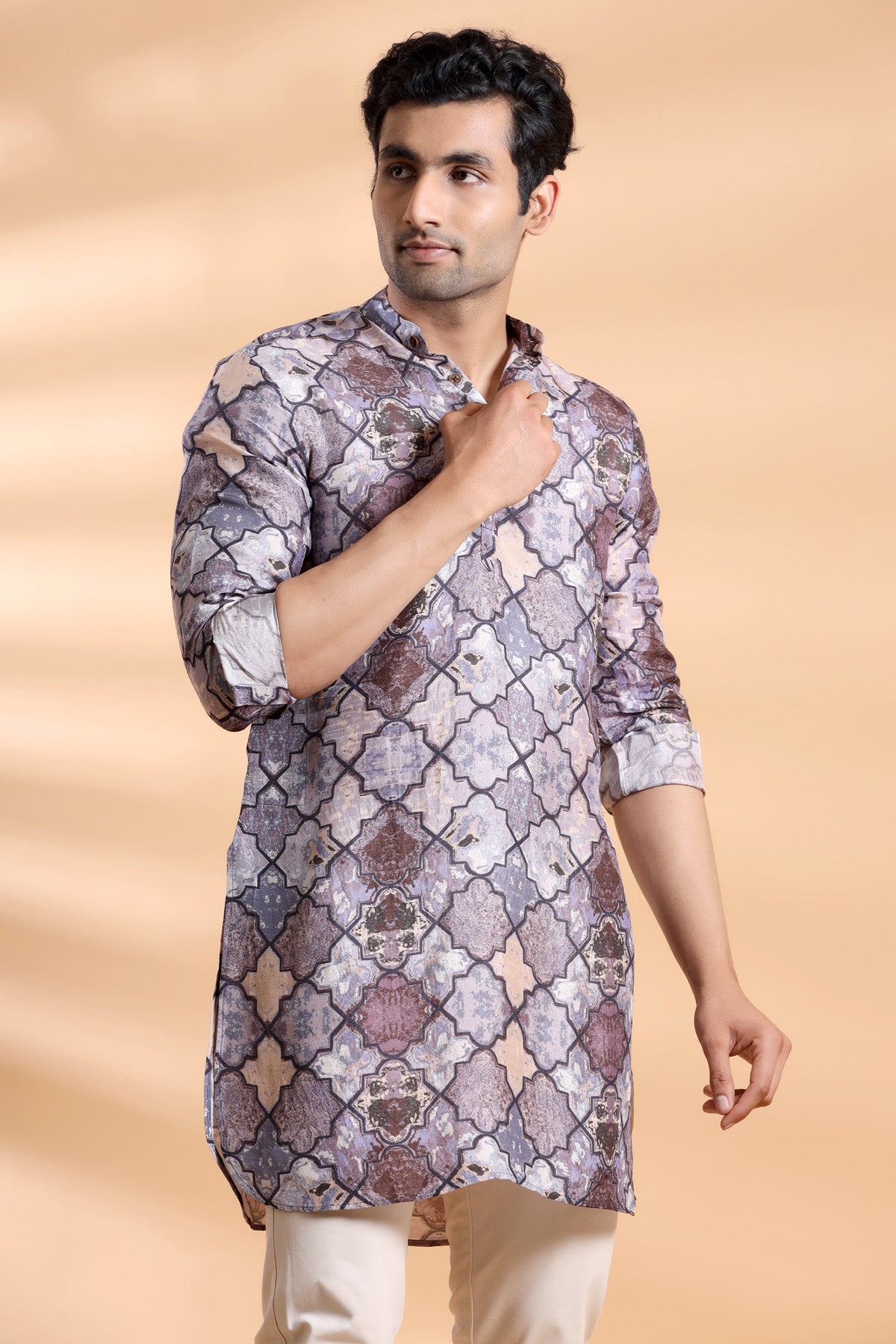 Monki Snake Skin - Brown - Silk - Long Kurta For Men