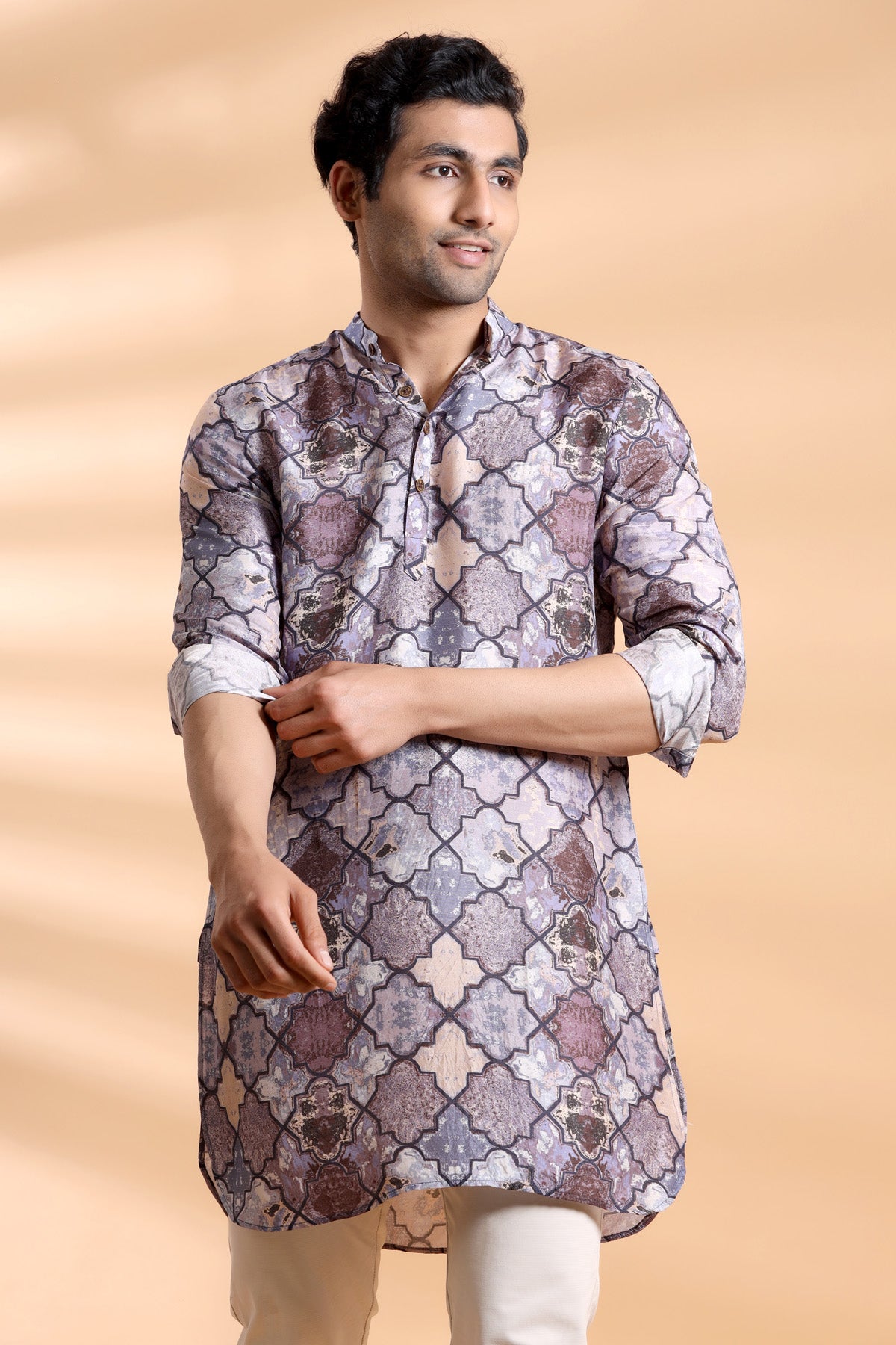 Monki Snake Skin - Brown - Silk - Long Kurta For Men