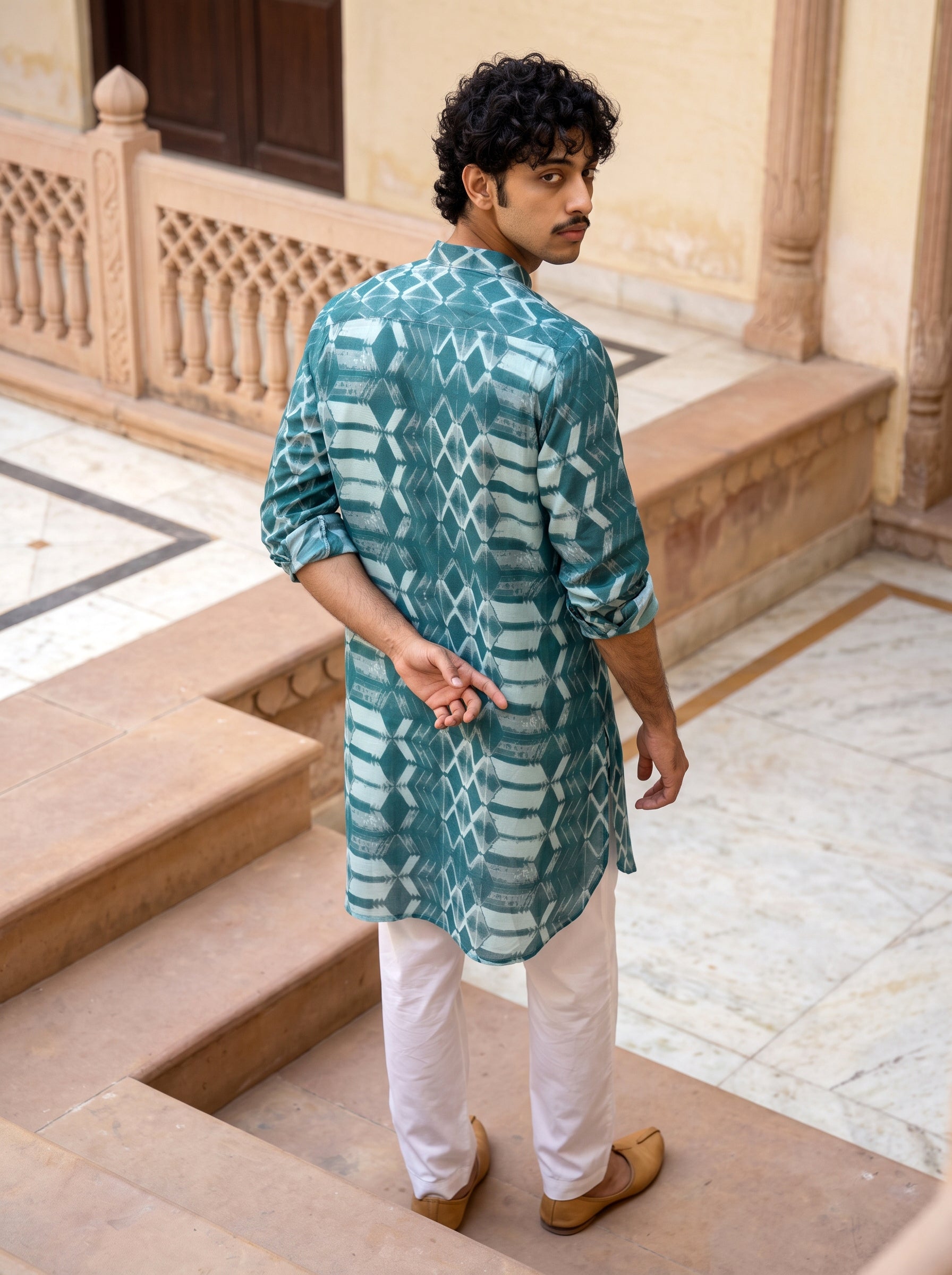 Teal Geometric Ganganagery Kurta