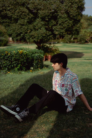 Abstract Earthy White Oversized Shirt