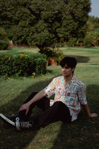 Abstract Earthy White Oversized Shirt