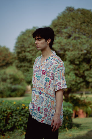 Abstract Earthy White Oversized Shirt