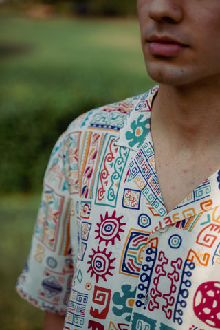 Abstract Earthy White Oversized Shirt