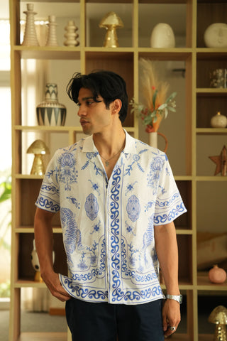 Royal Tigris White Relaxed Fit Cuban  Shirt