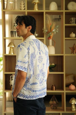 Royal Tigris White Relaxed Fit Cuban  Shirt