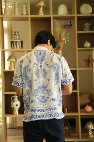 Royal Tigris White Relaxed Fit Cuban  Shirt