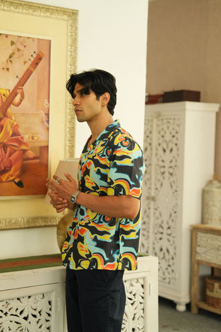 Solar Swirl Black Relaxed Fit Cuban  Shirt