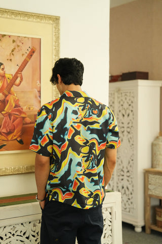 Solar Swirl Black Relaxed Fit Cuban  Shirt