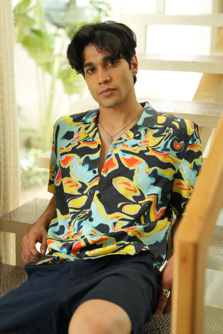 Solar Swirl Black Relaxed Fit Cuban  Shirt