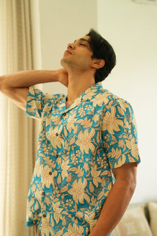Azure Botanica Oversized Hawaiian Collar Shirt
