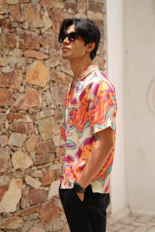 Solar Swirl Orange Relaxed Fit Cuban  Shirt