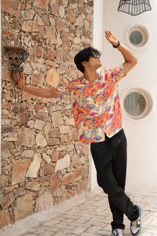 Solar Swirl Orange Relaxed Fit Cuban  Shirt