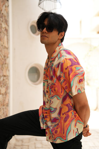 Solar Swirl Orange Relaxed Fit Cuban  Shirt