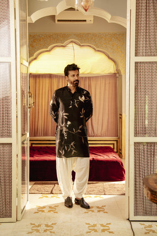 Bird Branch Black Ganganery Kurta