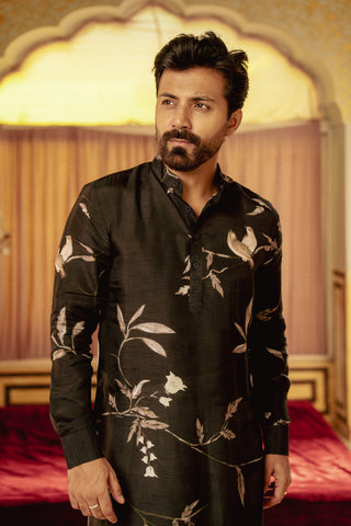 Bird Branch Black Ganganery Kurta