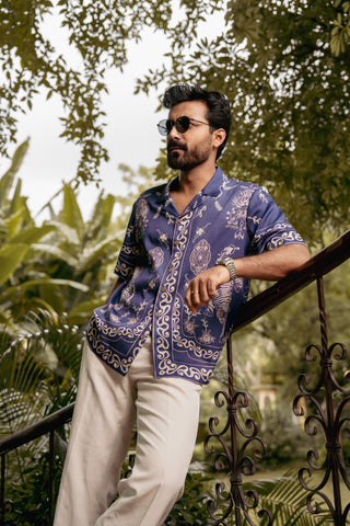 Royal Tigris Blue Relaxed Fit Cuban  Shirt