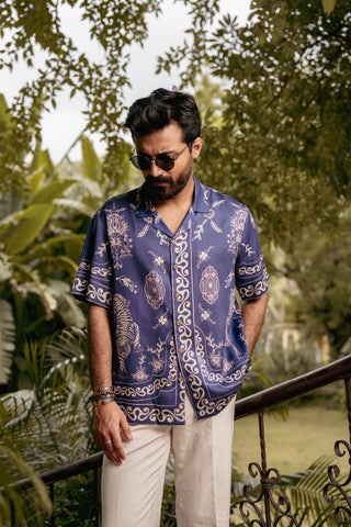 Royal Tigris Blue Relaxed Fit Cuban  Shirt