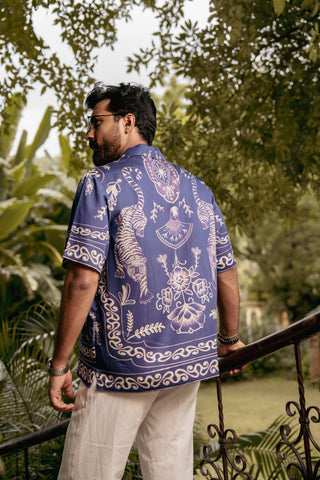 Royal Tigris Blue Relaxed Fit Cuban  Shirt
