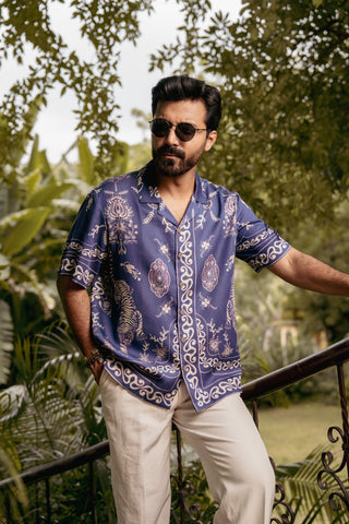 Royal Tigris Blue Relaxed Fit Cuban  Shirt