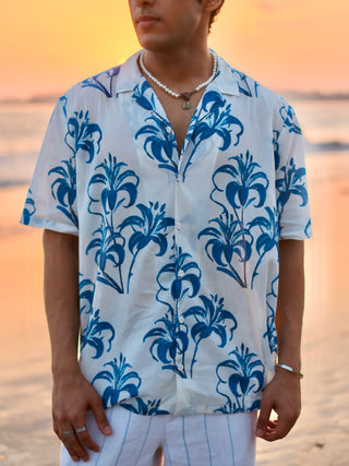 Tropical Mirage Blue Oversized Hawaiian Collar Shirt