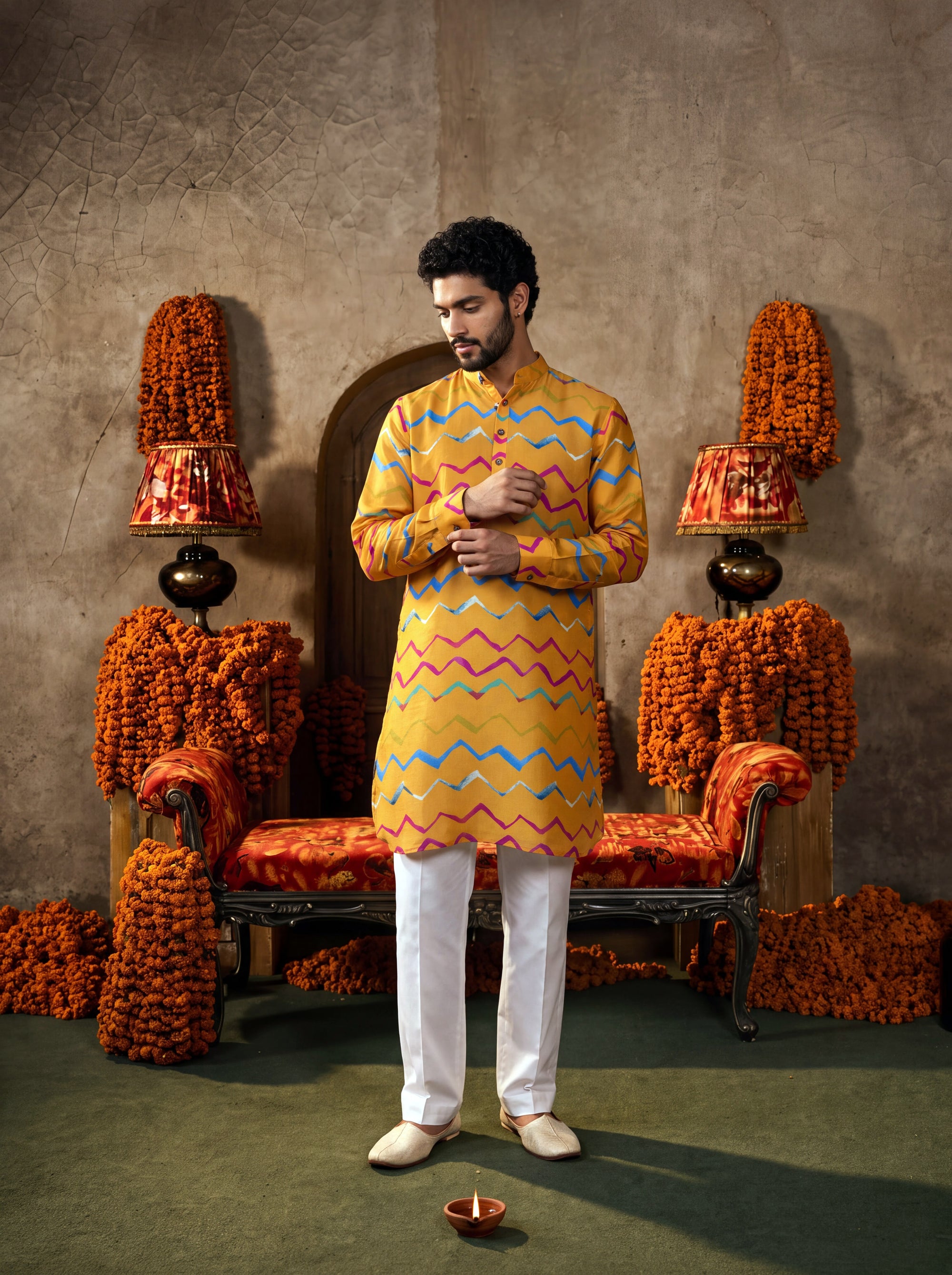 Marigold Zigzag Leheriya Ganganagery Kurta