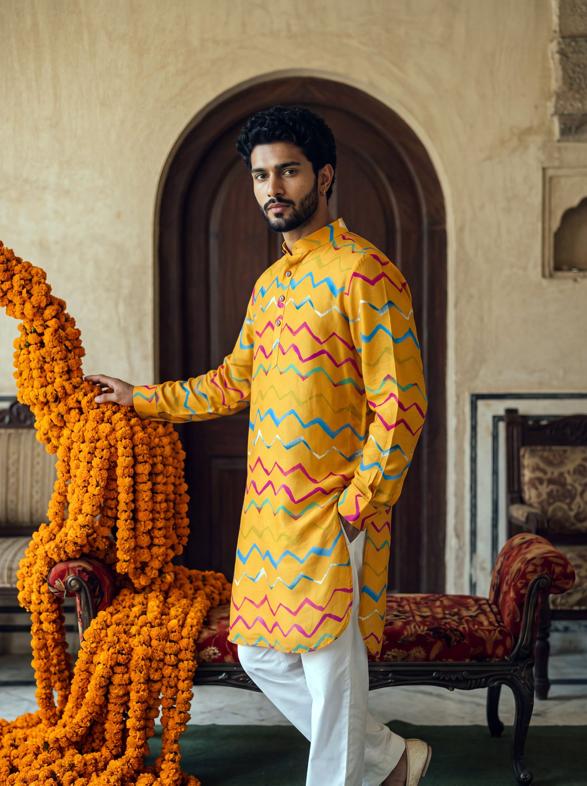 Marigold Zigzag Leheriya Ganganagery Kurta
