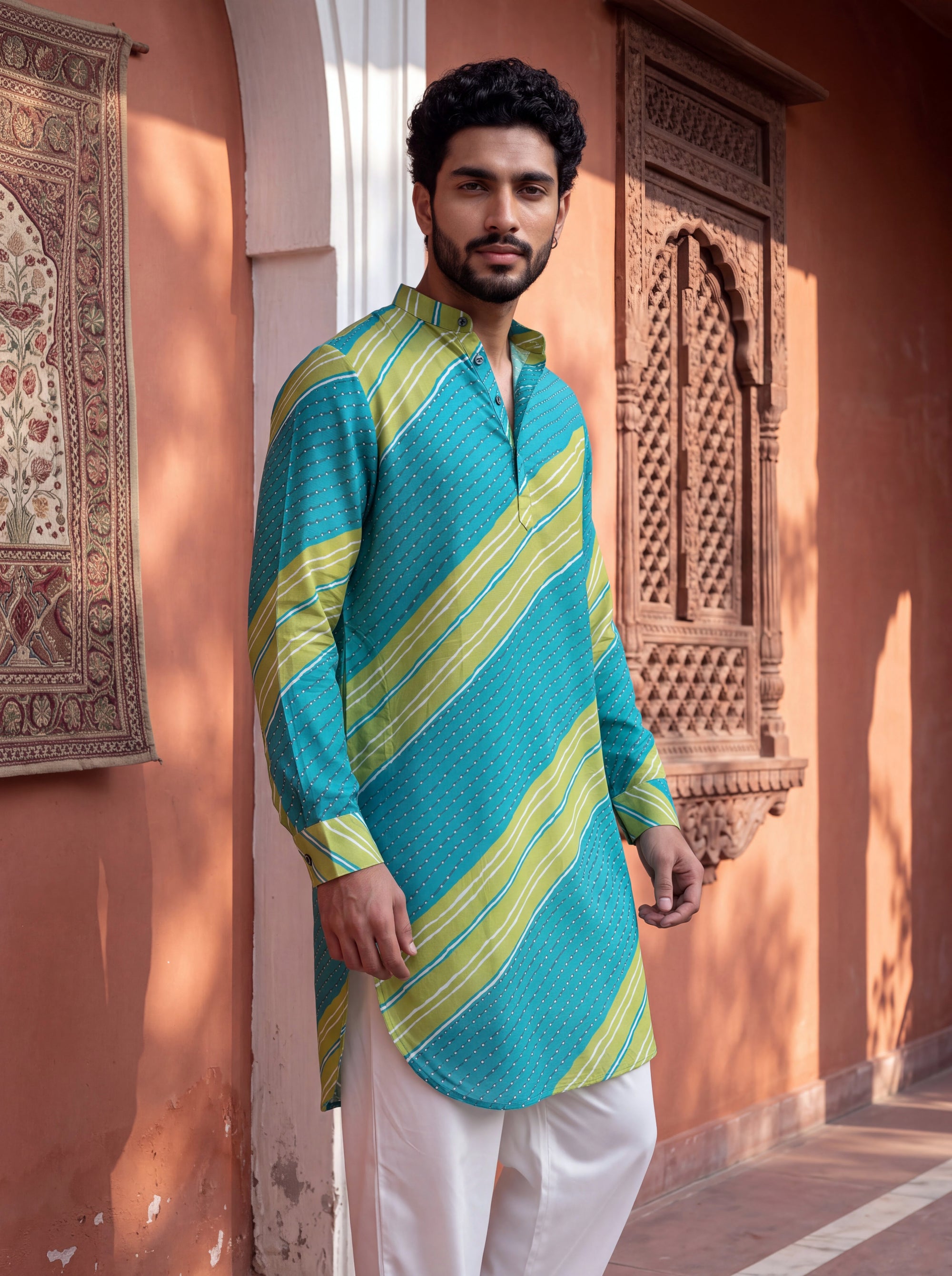 Teal Lime Leheriya Ganganagery Kurta